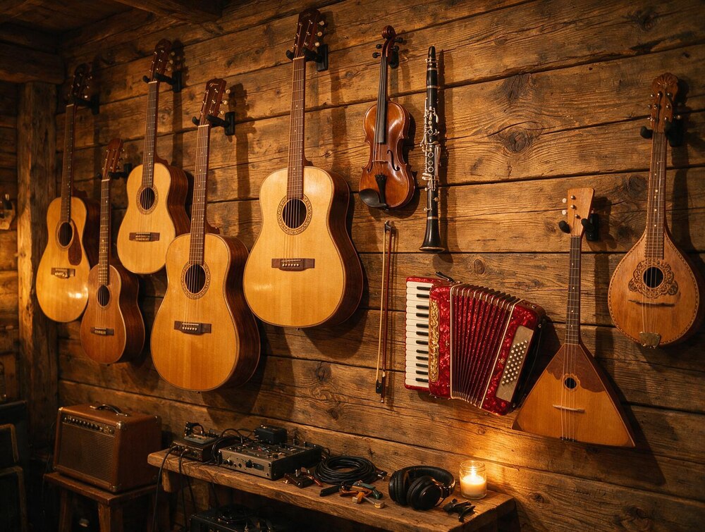 Akustiska instrument på väggen i studion: gitarrer, fiol, klarinett, dragspel och balalajka